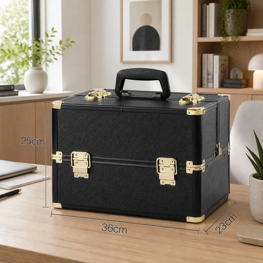 Cosmetic Storage Case Aluminium Black Gold Velvet 36 x 25 x 23 cm