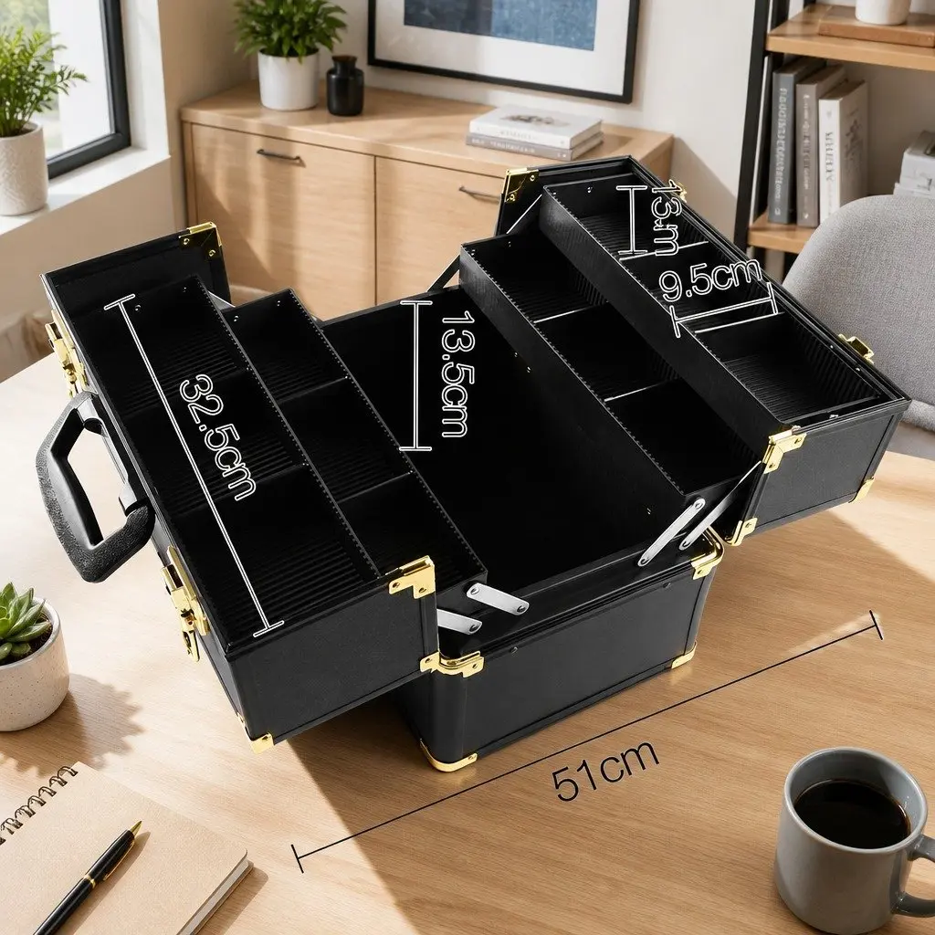 Cosmetic Storage Case Aluminium Black Gold Velvet 36 x 25 x 23 cm
