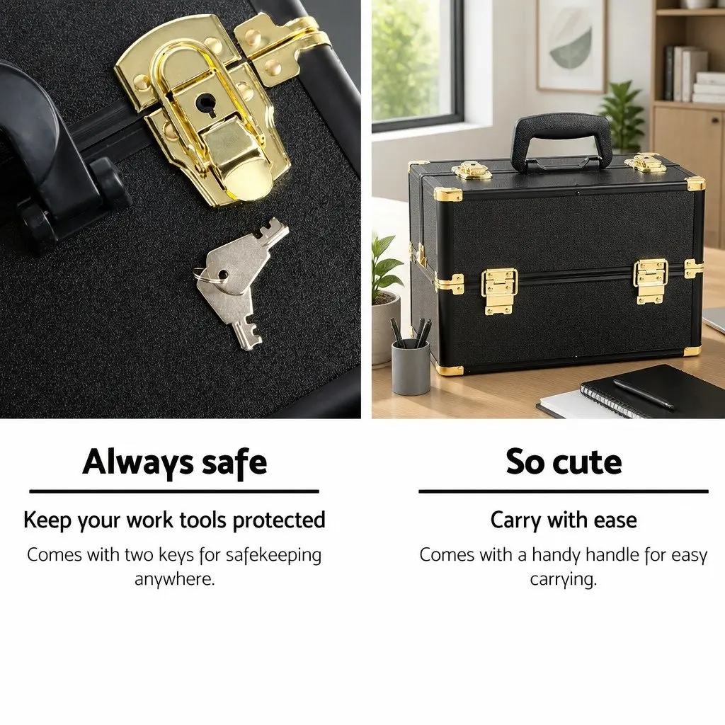 Cosmetic Storage Case Aluminium Black Gold Velvet 36 x 25 x 23 cm