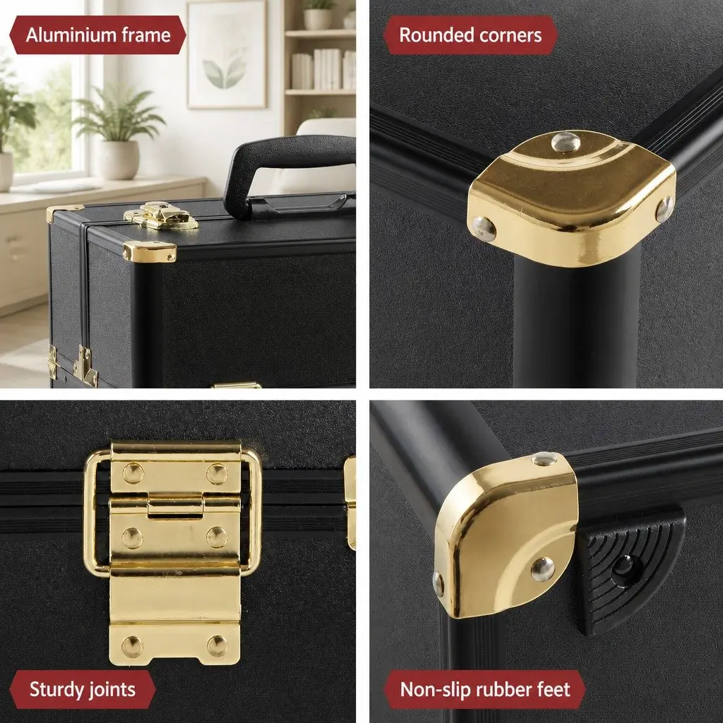Cosmetic Storage Case Aluminium Black Gold Velvet 36 x 25 x 23 cm