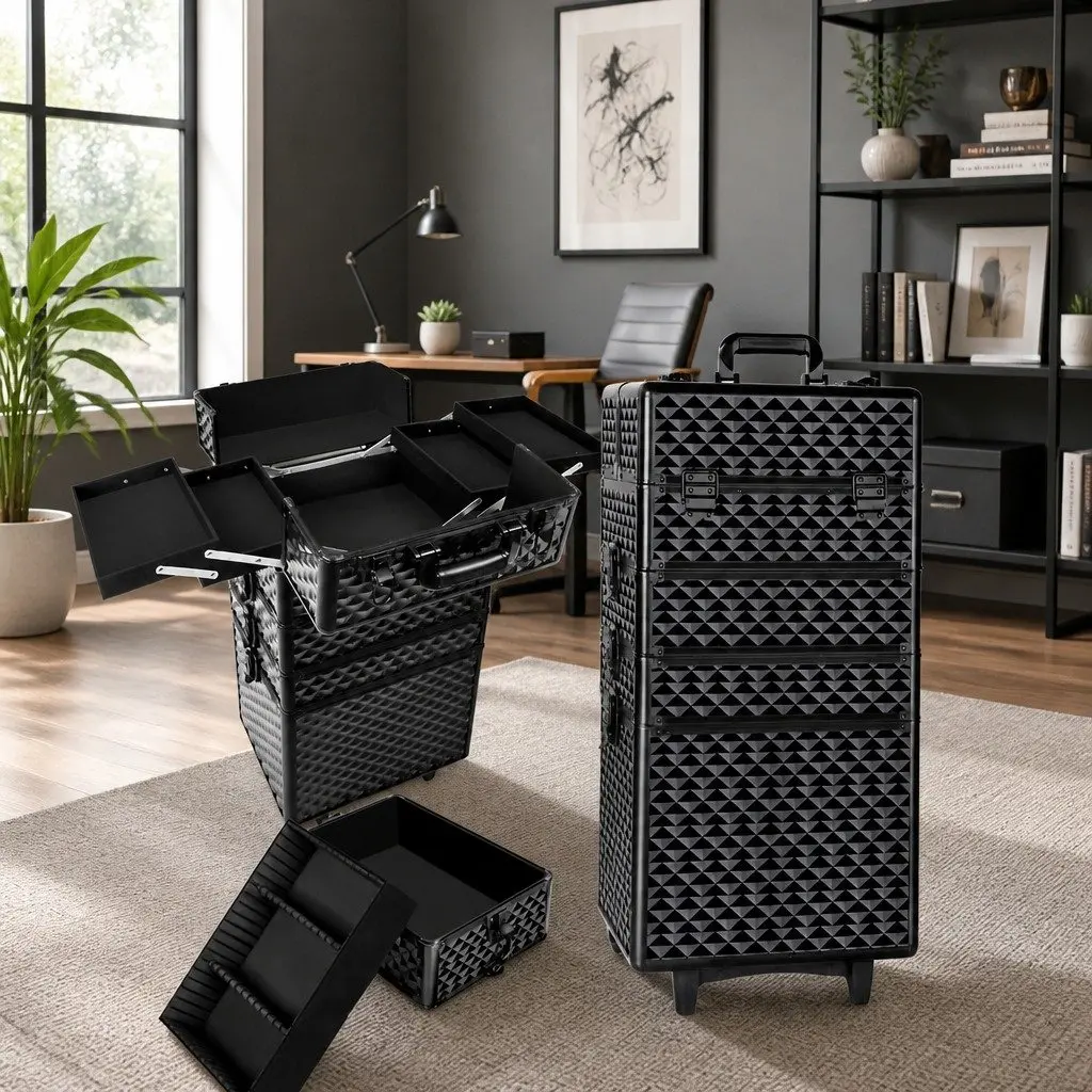 Makeup Trolley Case Aluminium 4 Layers Portable Travel Diamond Black