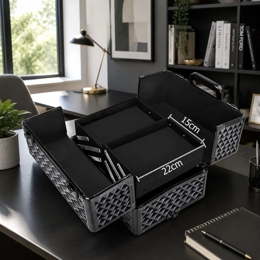 Makeup Trolley Case Aluminium 4 Layers Portable Travel Diamond Black