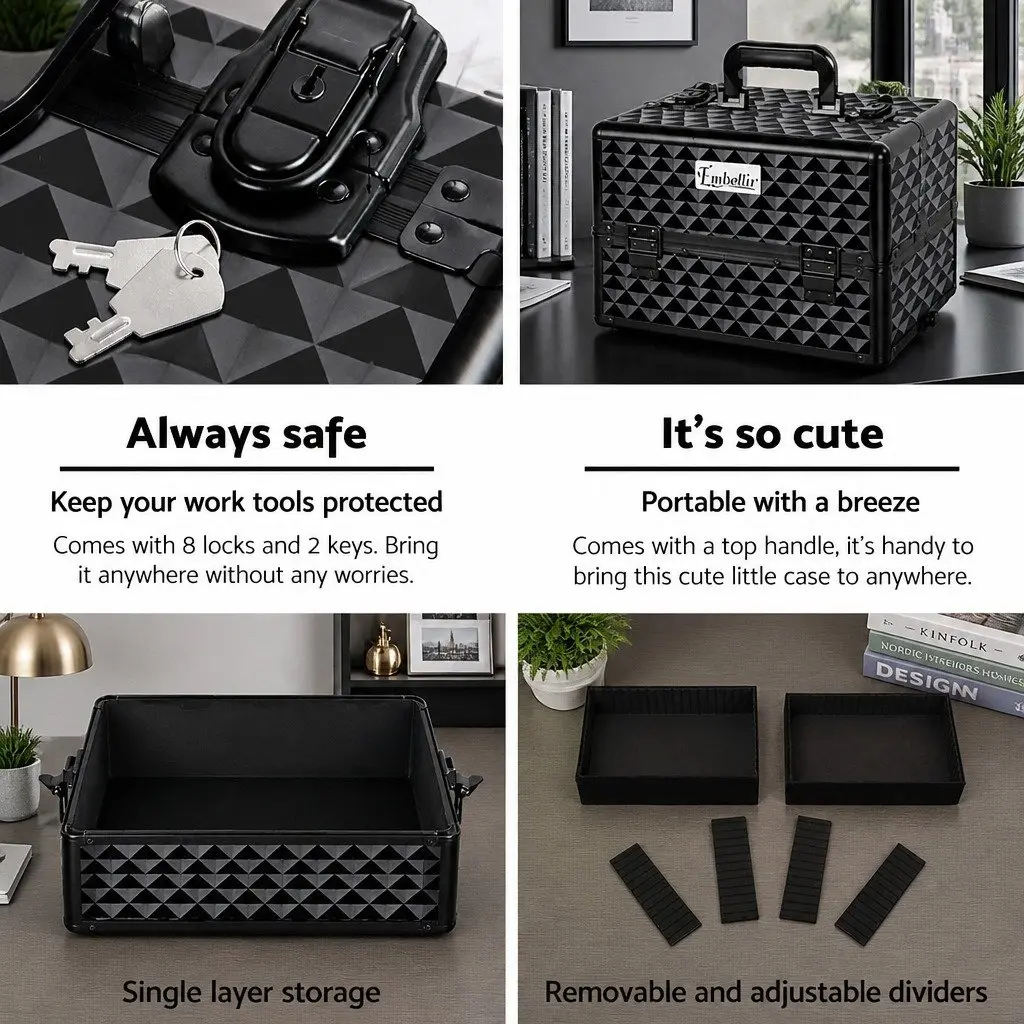 Makeup Trolley Case Aluminium 4 Layers Portable Travel Diamond Black