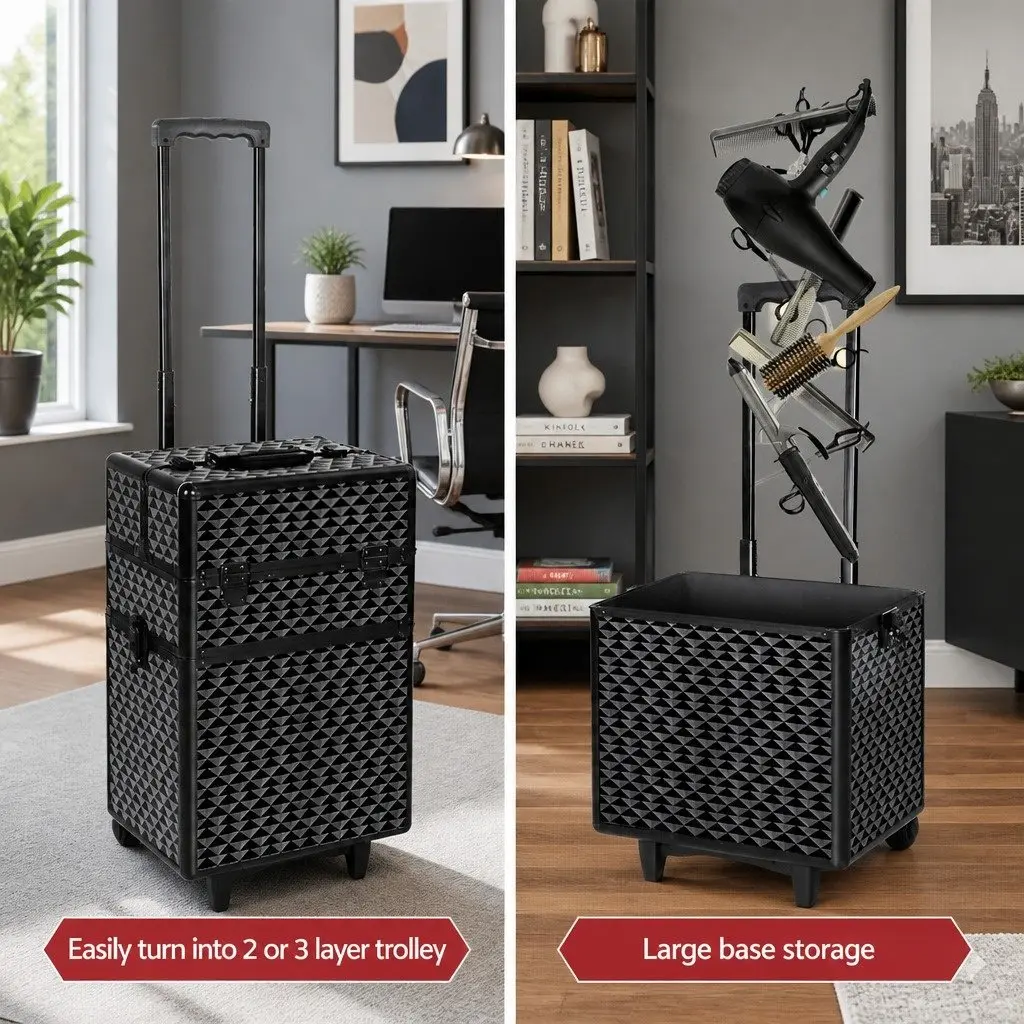 Makeup Trolley Case Aluminium 4 Layers Portable Travel Diamond Black