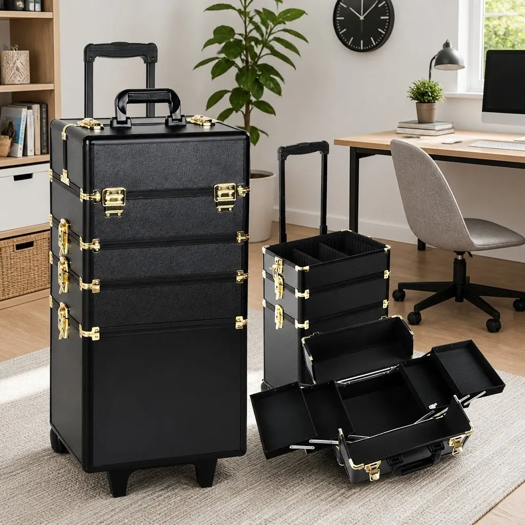 Makeup Case Aluminium Trolley Organiser 35 x 25 x 75cm Gold Black