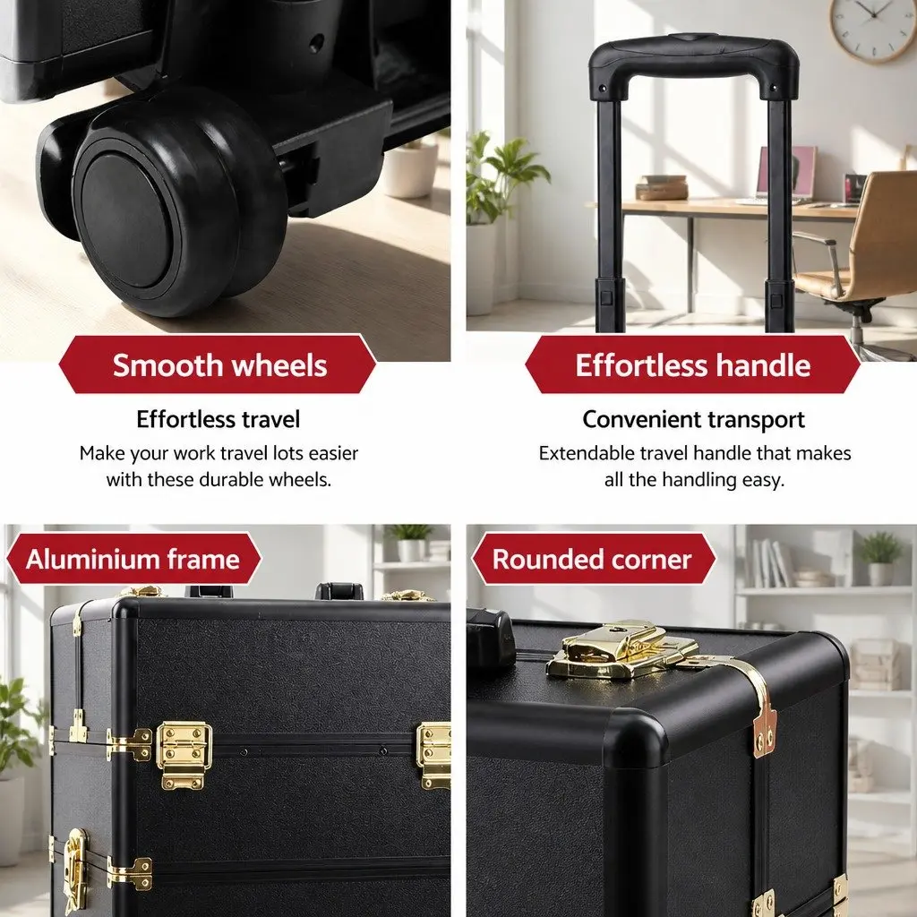 Makeup Case Aluminium Trolley Organiser 35 x 25 x 75cm Gold Black