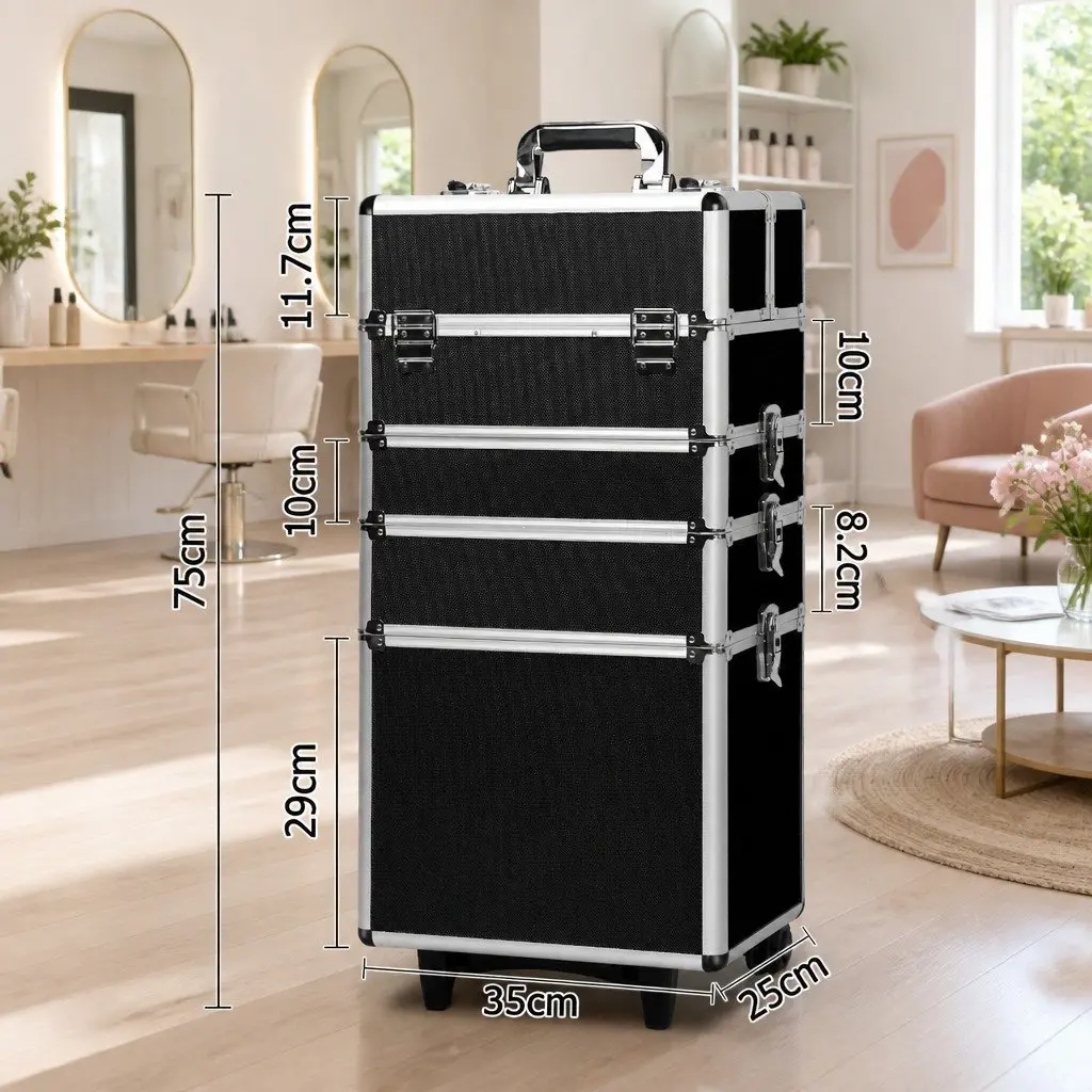 Makeup Trolley Case Aluminium Frame 4 Layers Portable Travel Organiser Black