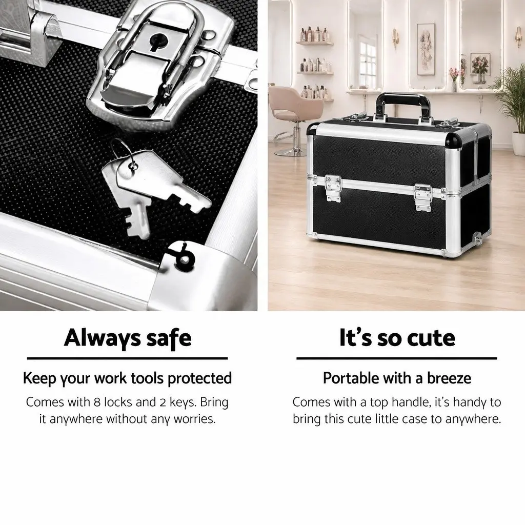 Makeup Trolley Case Aluminium Frame 4 Layers Portable Travel Organiser Black