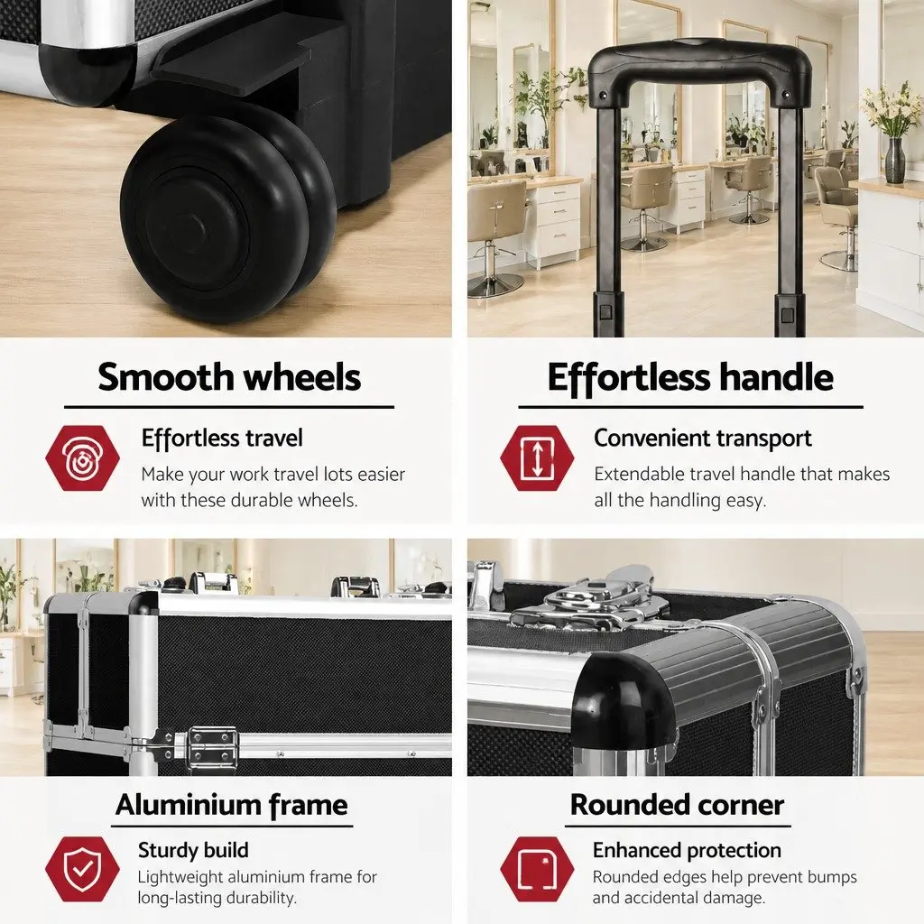 Makeup Trolley Case Aluminium Frame 4 Layers Portable Travel Organiser Black