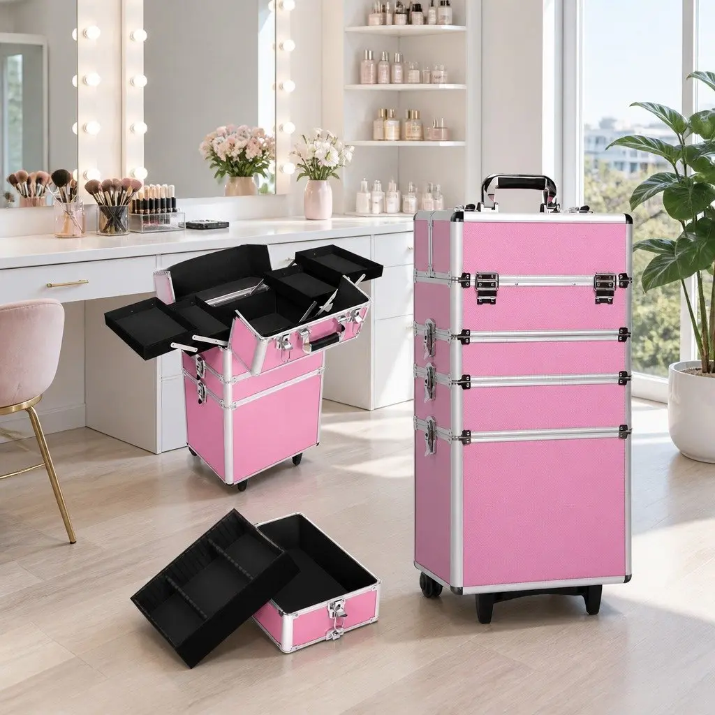 Makeup Trolley Aluminium Frame 4 Layer Portable Cosmetic Organiser Pink