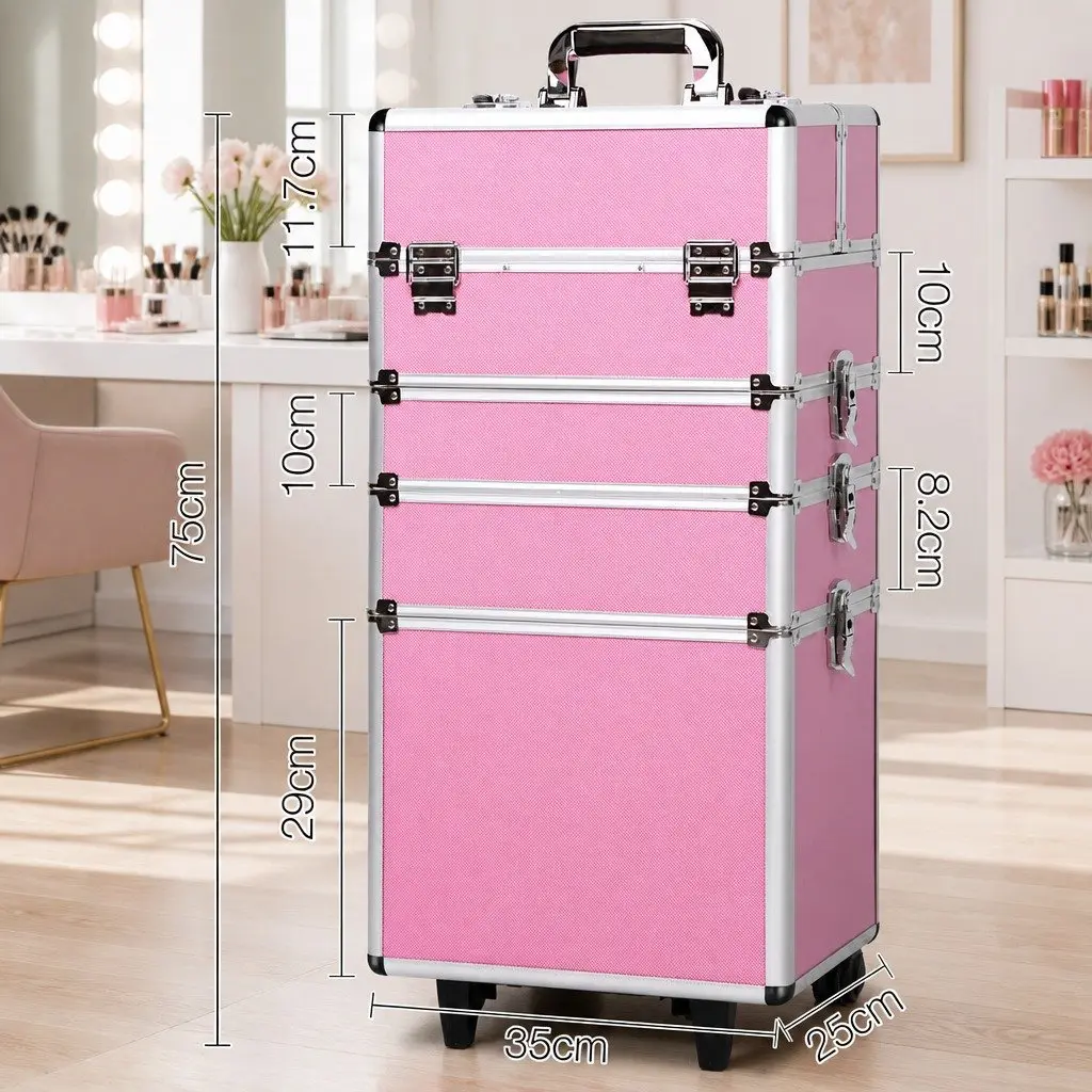 Makeup Trolley Aluminium Frame 4 Layer Portable Cosmetic Organiser Pink