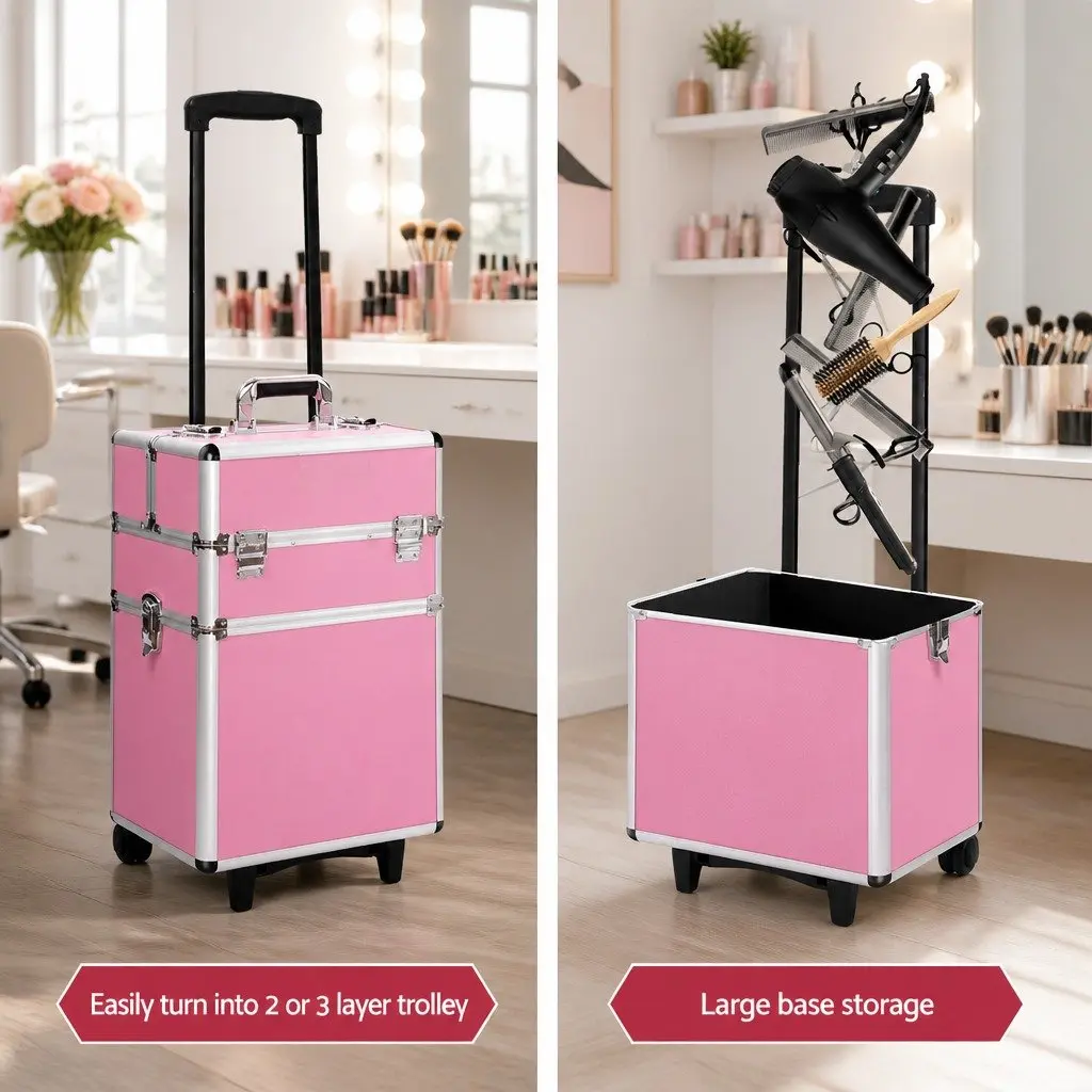 Makeup Trolley Aluminium Frame 4 Layer Portable Cosmetic Organiser Pink