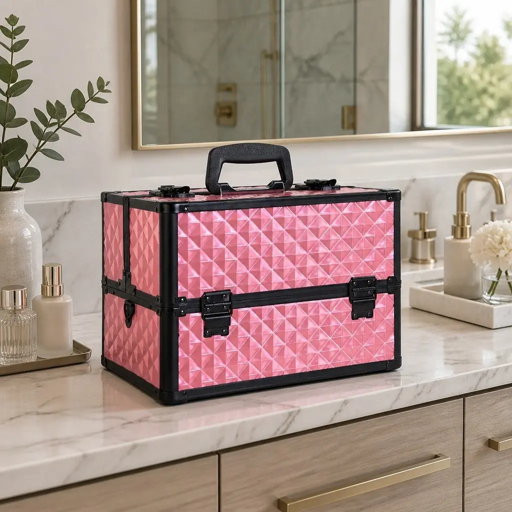 Cosmetic Case Aluminium Diamond Pink Lockable 23 x 36 x 27 cm