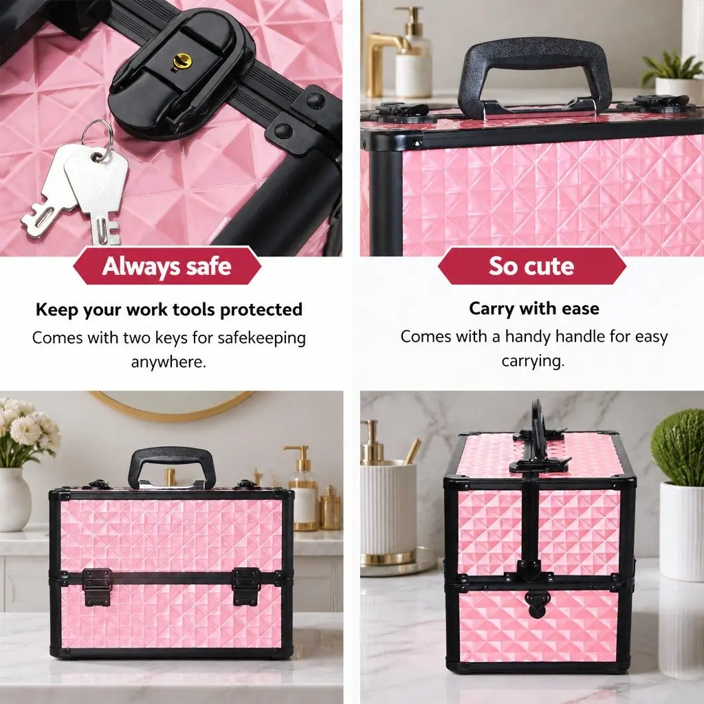 Cosmetic Case Aluminium Diamond Pink Lockable 23 x 36 x 27 cm