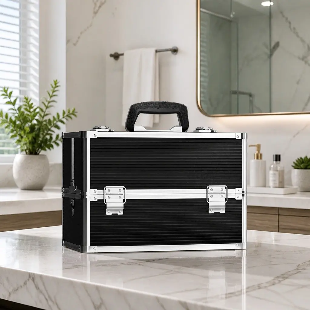 Portable Makeup Case Aluminium Frame Black Velvet Interior 23 x 36 x 27 cm
