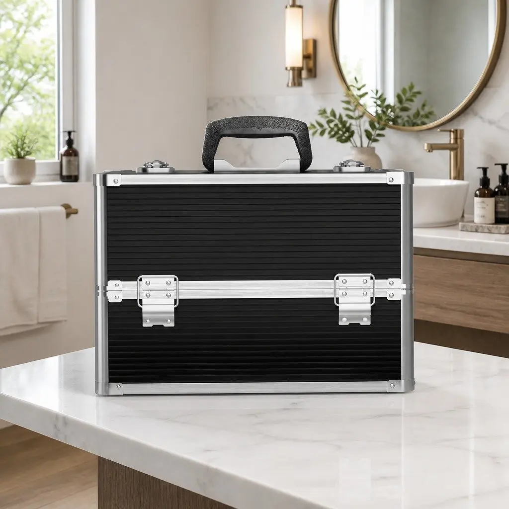 Portable Makeup Case Aluminium Frame Black Velvet Interior 23 x 36 x 27 cm