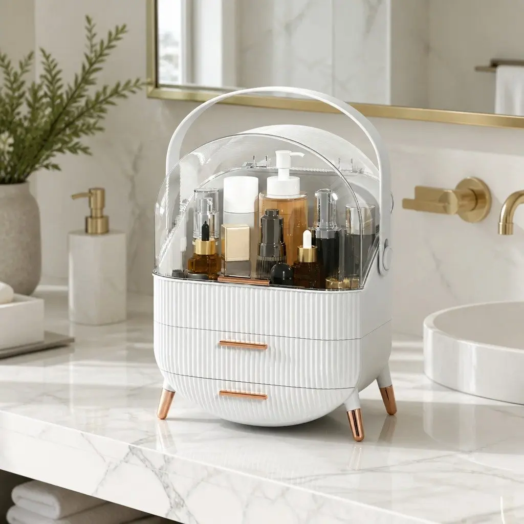 Makeup Organizer Portable Plastic Storage Box with Drawers 25cm x 18cm x 34.5cm White