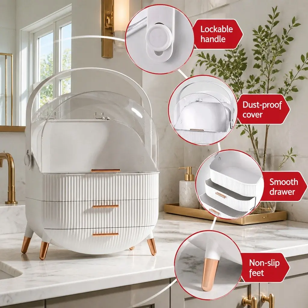 Makeup Organizer Portable Plastic Storage Box with Drawers 25cm x 18cm x 34.5cm White