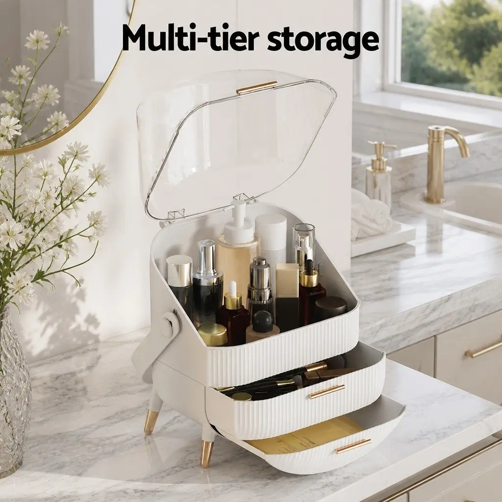 Makeup Organizer Portable Plastic Storage Box with Drawers 25cm x 18cm x 34.5cm White
