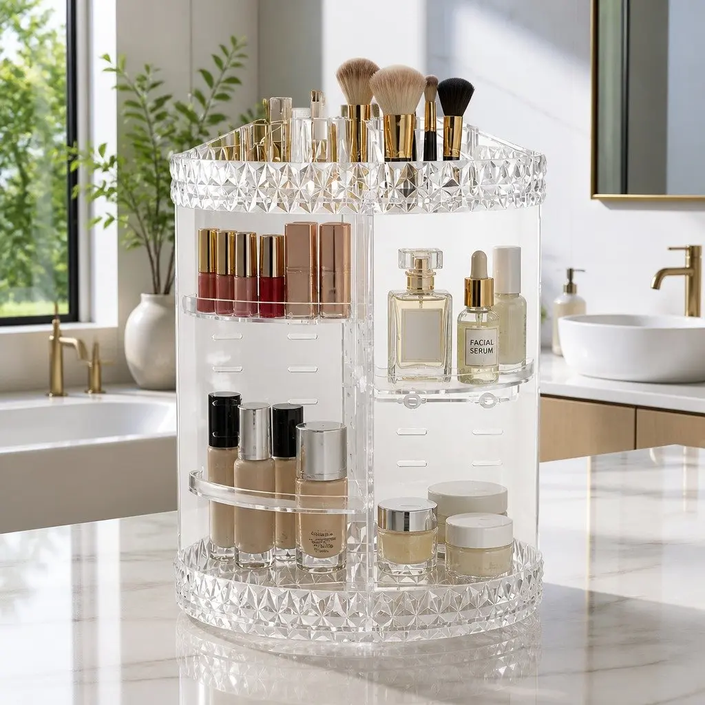 Makeup Organizer Acrylic Rotating Storage Holder 360 Degree Clear 27cm x 27cm x 32.5cm