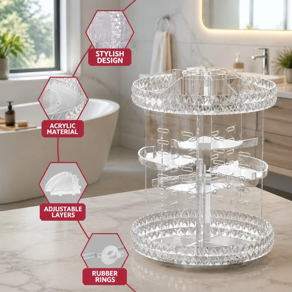 Makeup Organizer Acrylic Rotating Storage Holder 360 Degree Clear 27cm x 27cm x 32.5cm