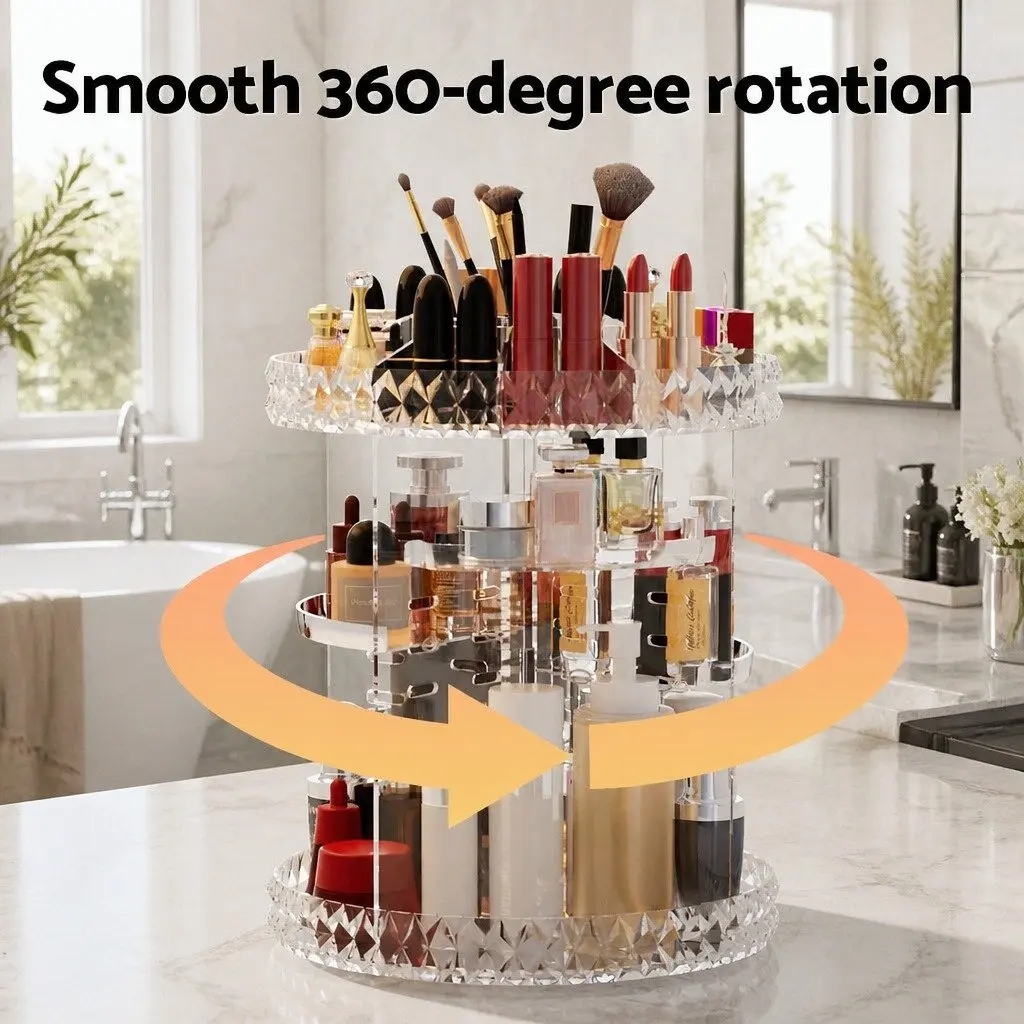 Makeup Organizer Acrylic Rotating Storage Holder 360 Degree Clear 27cm x 27cm x 32.5cm