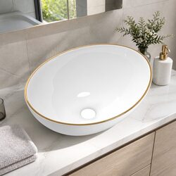 Ceramic Bathroom Basin Vanity Sink Hand Wash Bowl Gold Line Round 41x34cm