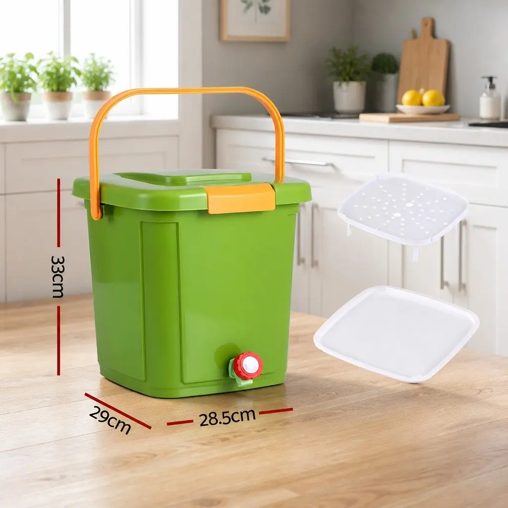 Kitchen Compost Caddy PP Plastic 15L Square Green with Drain Tap Inner Cover and Carry Handle