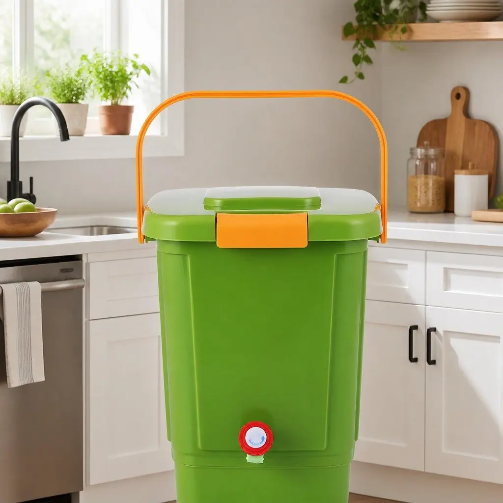 Kitchen Compost Caddy PP Plastic 15L Square Green with Drain Tap Inner Cover and Carry Handle