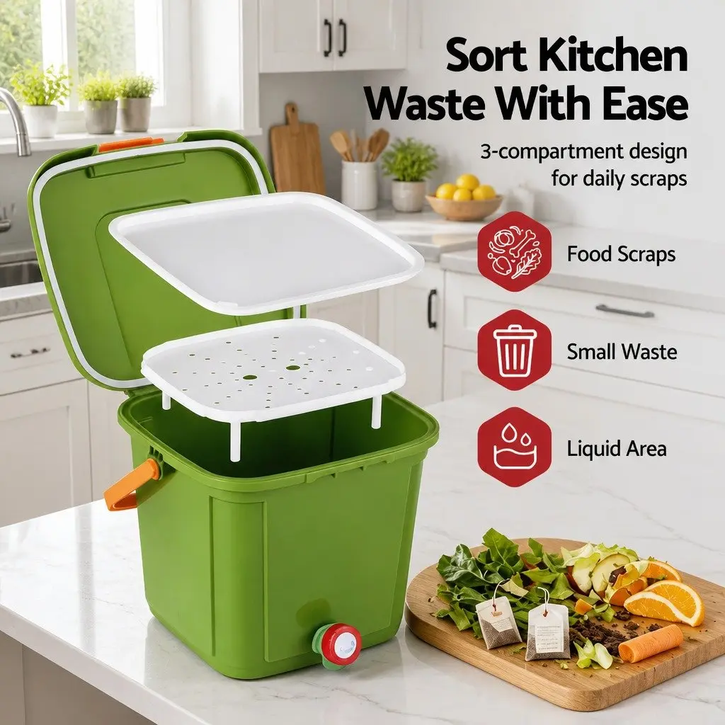 Kitchen Compost Caddy PP Plastic 15L Square Green with Drain Tap Inner Cover and Carry Handle