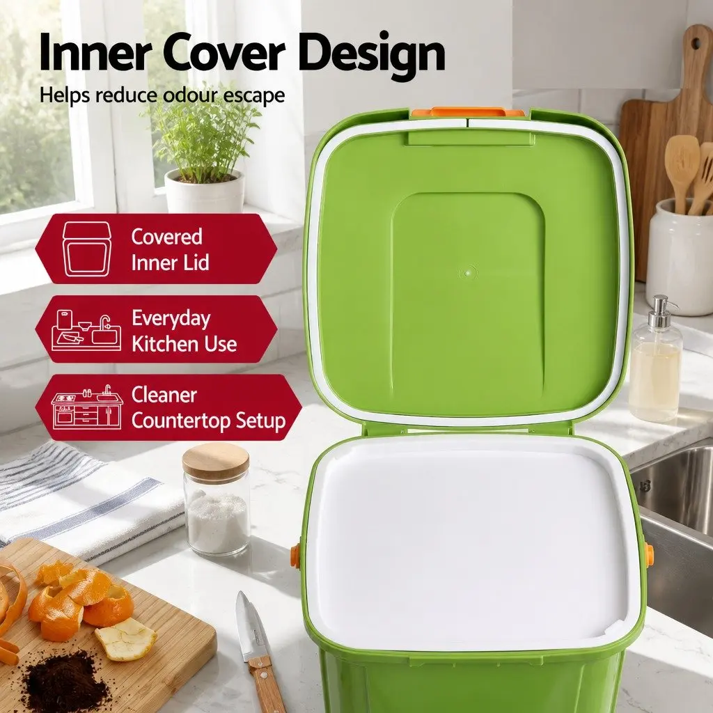 Kitchen Compost Caddy PP Plastic 15L Square Green with Drain Tap Inner Cover and Carry Handle