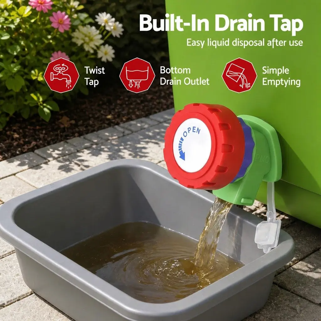 Kitchen Compost Caddy PP Plastic 15L Square Green with Drain Tap Inner Cover and Carry Handle