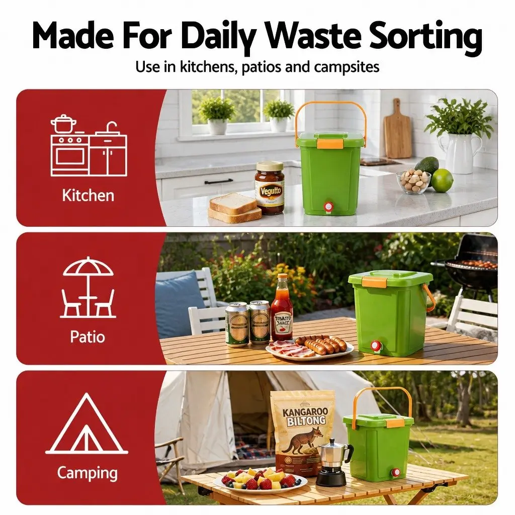 Kitchen Compost Caddy PP Plastic 15L Square Green with Drain Tap Inner Cover and Carry Handle