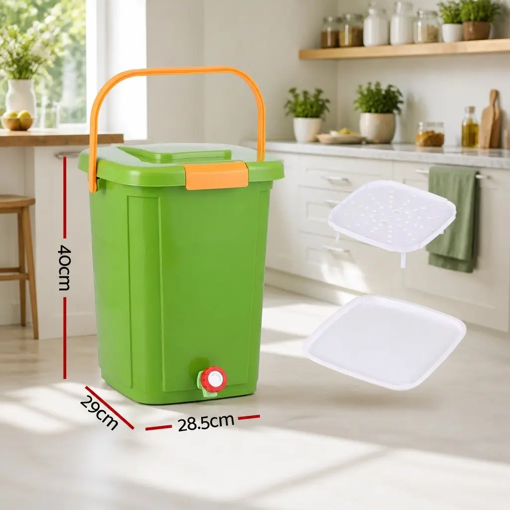 Kitchen Compost Bin 20L PP Plastic Square Green with Removable Sorting Tray and Drain Tap