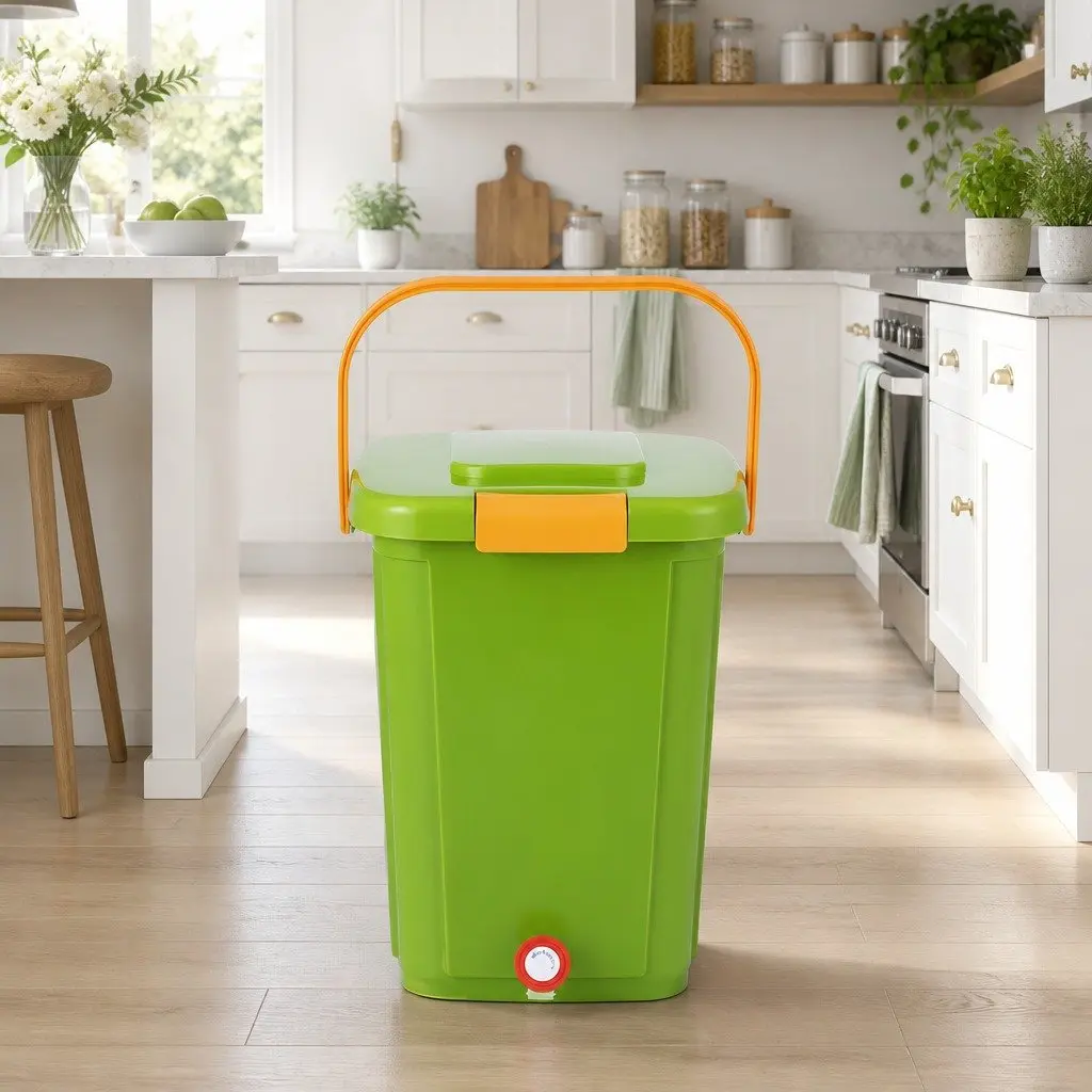 Kitchen Compost Bin 20L PP Plastic Square Green with Removable Sorting Tray and Drain Tap