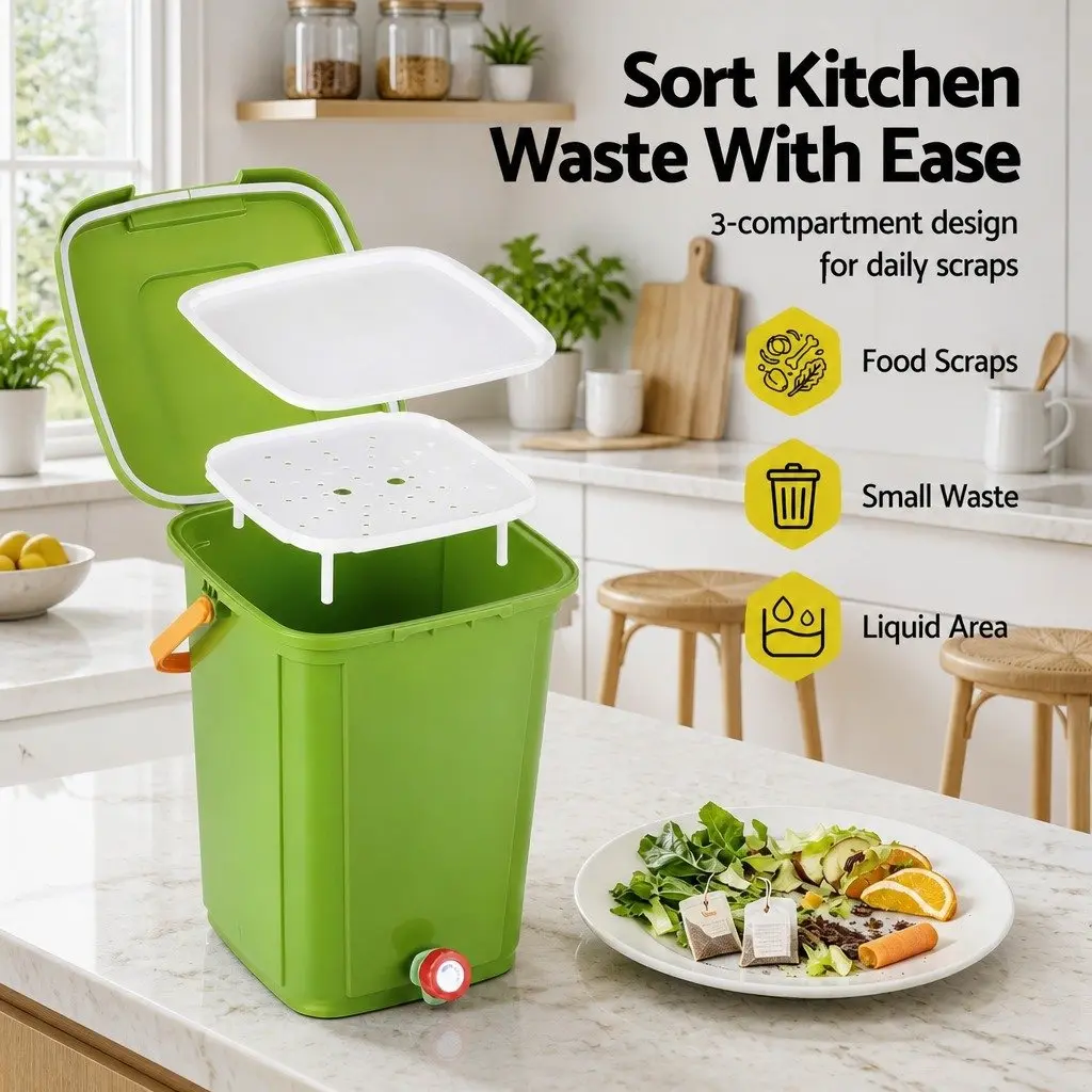 Kitchen Compost Bin 20L PP Plastic Square Green with Removable Sorting Tray and Drain Tap