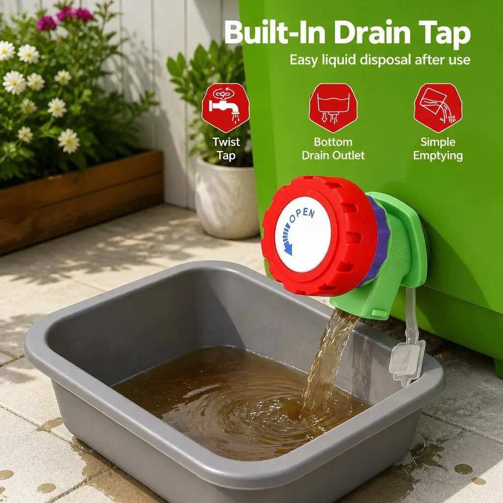 Kitchen Compost Bin 20L PP Plastic Square Green with Removable Sorting Tray and Drain Tap