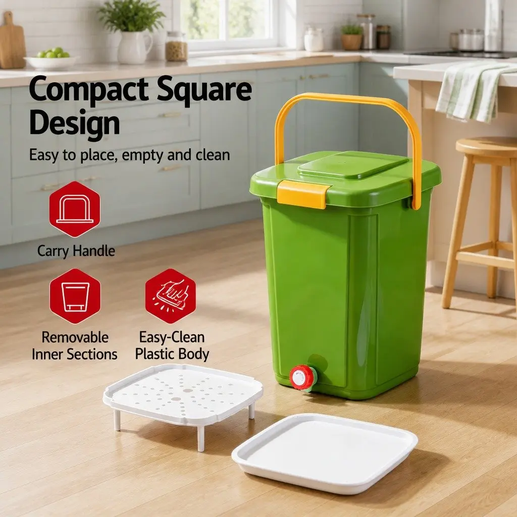 Kitchen Compost Bin 20L PP Plastic Square Green with Removable Sorting Tray and Drain Tap