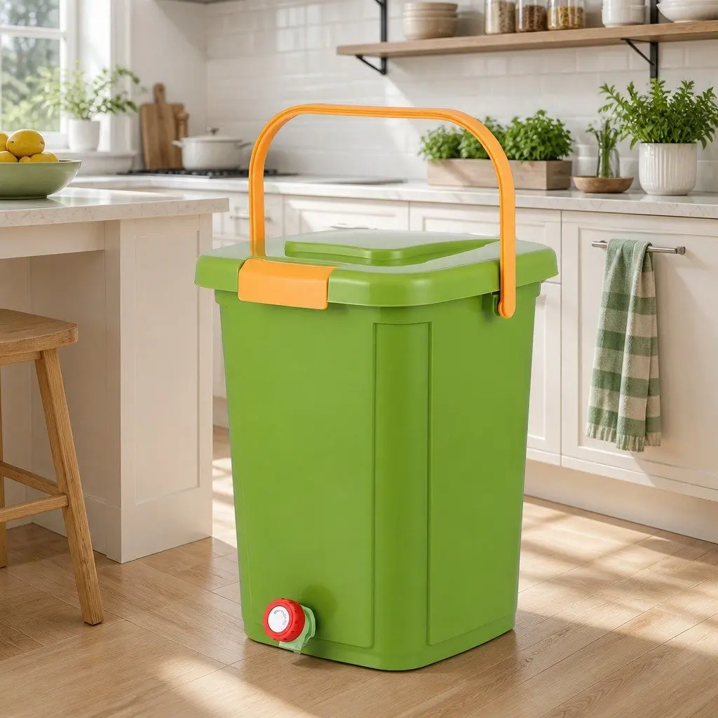 Kitchen Compost Bin 20L PP Plastic Square Green with Removable Sorting Tray and Drain Tap