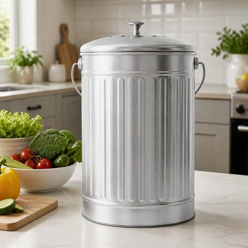 Countertop Compost Bin Stainless Steel 6L Kitchen Food Waste Caddy Silver