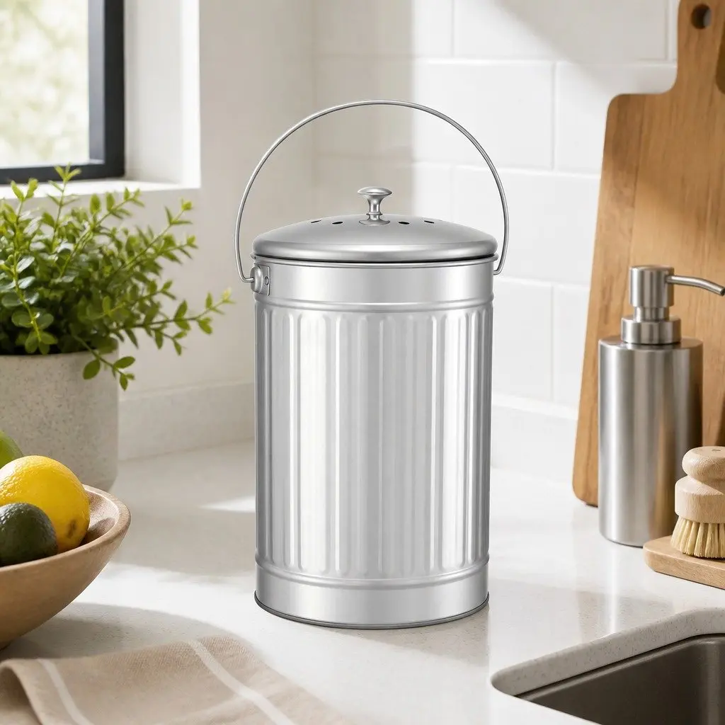 Countertop Compost Bin Stainless Steel 6L Kitchen Food Waste Caddy Silver