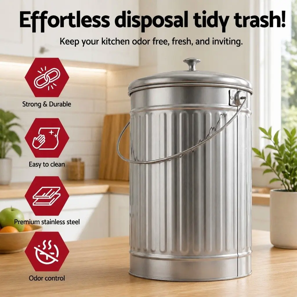 Countertop Compost Bin Stainless Steel 6L Kitchen Food Waste Caddy Silver