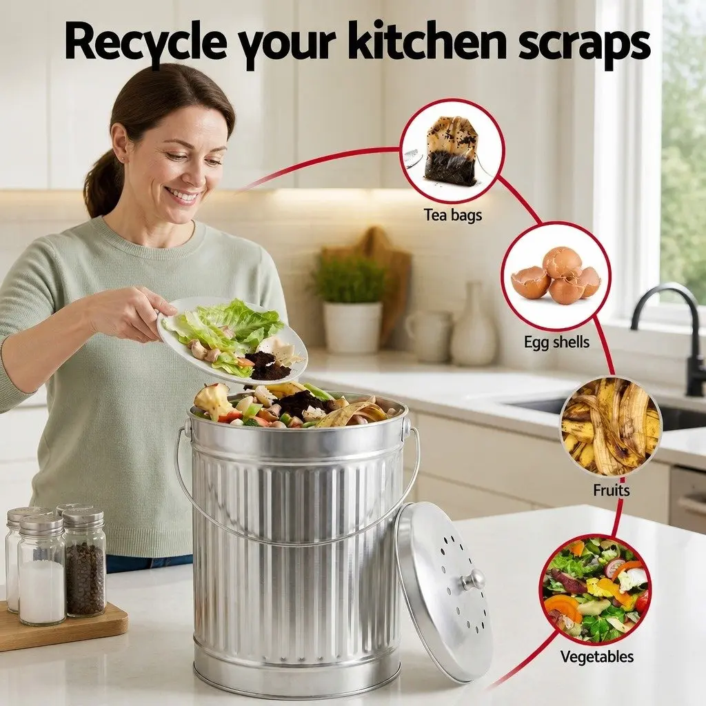 Countertop Compost Bin Stainless Steel 6L Kitchen Food Waste Caddy Silver