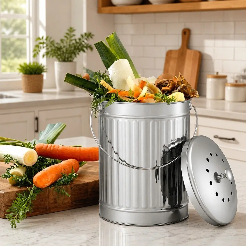 Countertop Compost Bin Stainless Steel 6L Kitchen Food Waste Caddy Silver