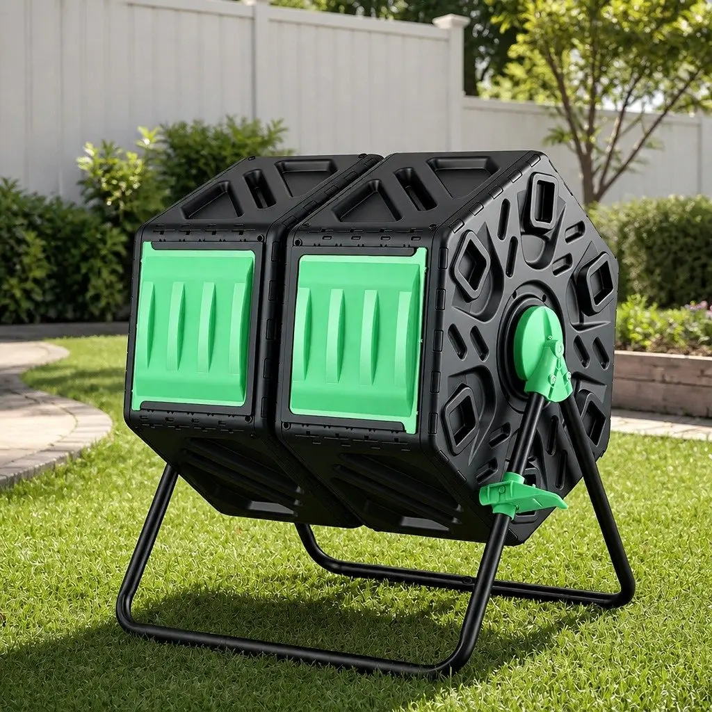 Dual-Chamber Compost Bin Rotating Tumbler 130L Black and Green PP and Steel