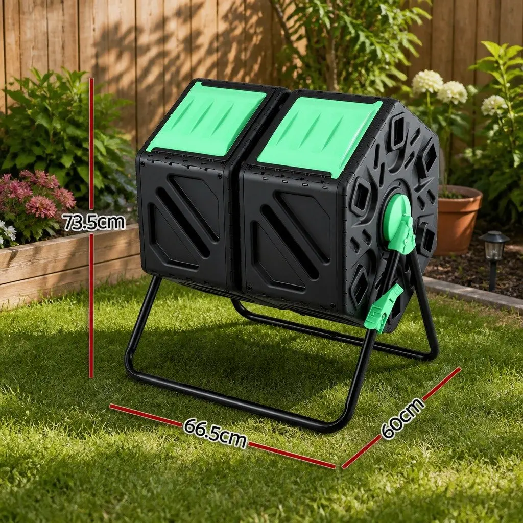 Dual-Chamber Compost Bin Rotating Tumbler 130L Black and Green PP and Steel