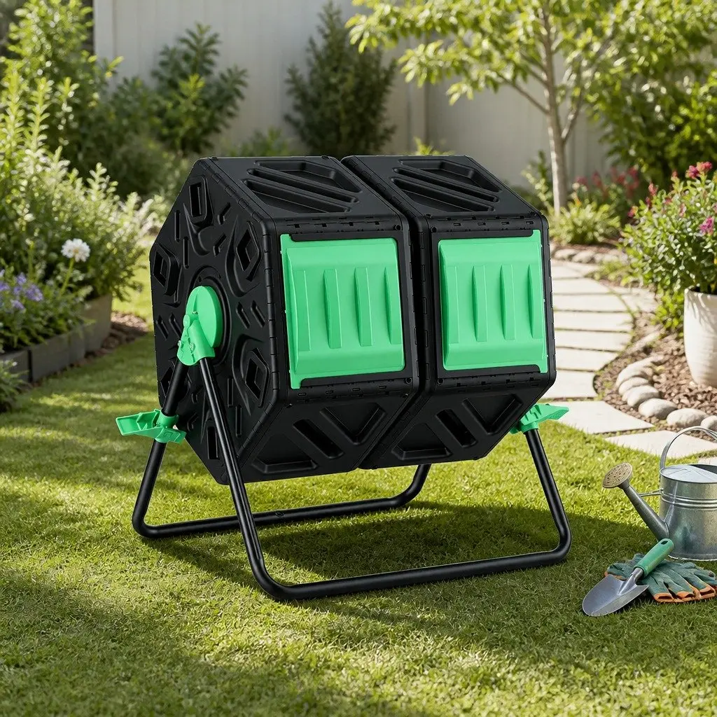 Dual-Chamber Compost Bin Rotating Tumbler 130L Black and Green PP and Steel