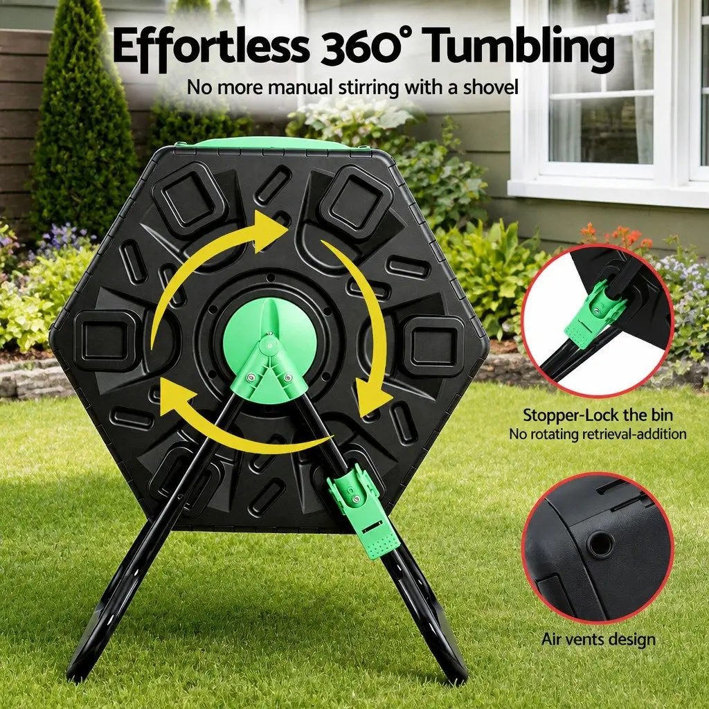Dual-Chamber Compost Bin Rotating Tumbler 130L Black and Green PP and Steel