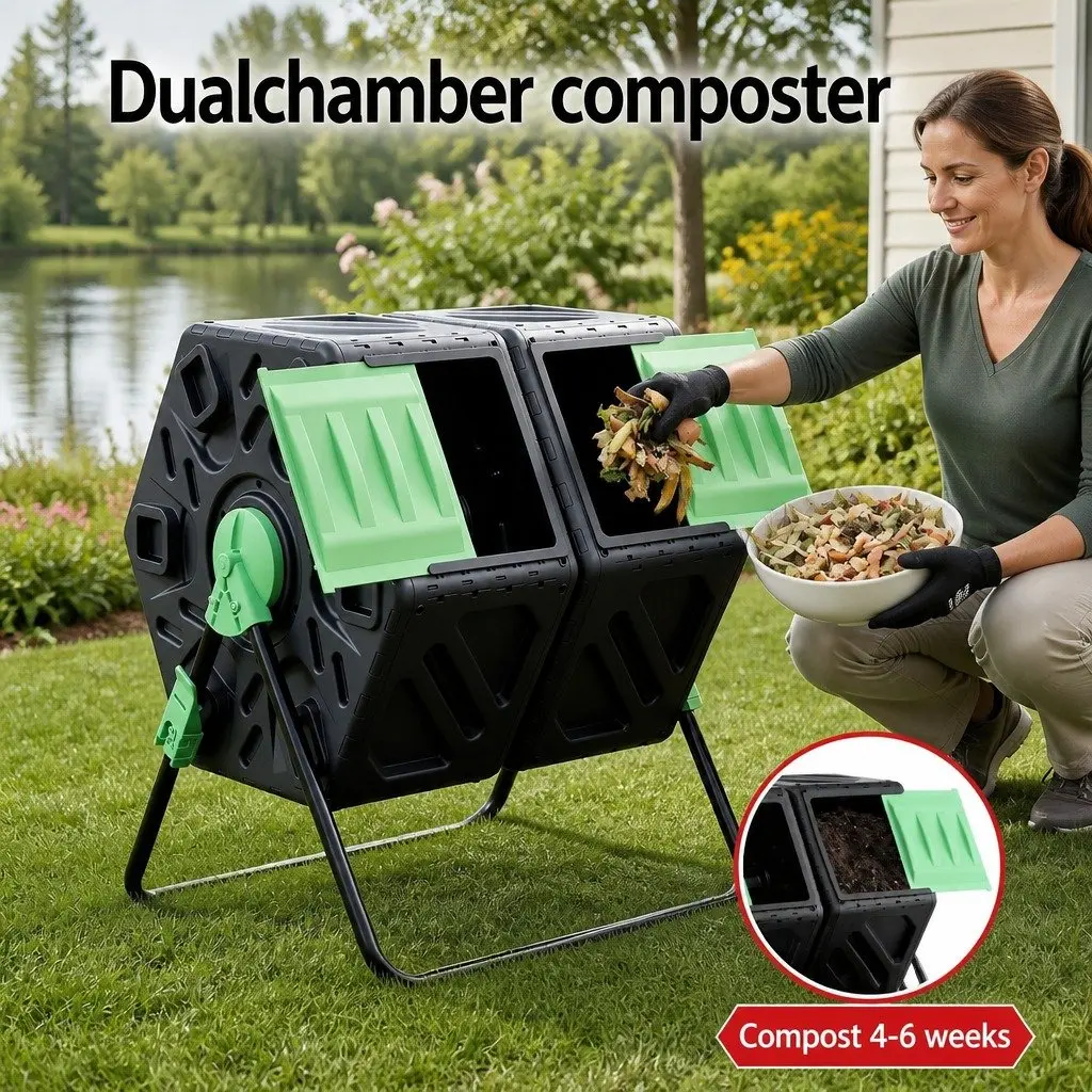 Dual-Chamber Compost Bin Rotating Tumbler 130L Black and Green PP and Steel
