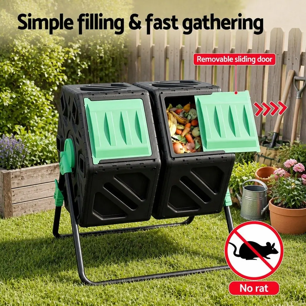 Dual-Chamber Compost Bin Rotating Tumbler 130L Black and Green PP and Steel
